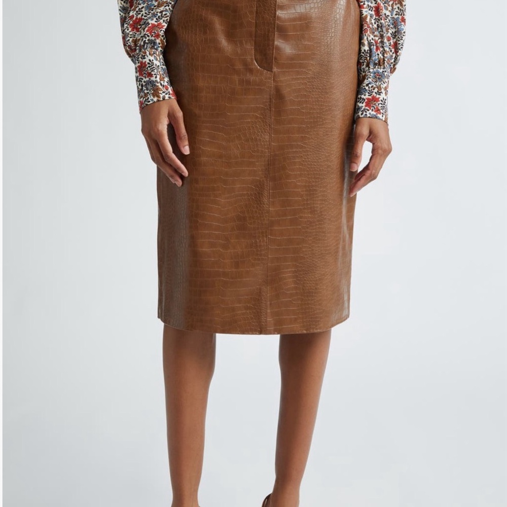 Veronica Beard Ascher Croc Embossed Faux Leather Brown Pencil Skirt